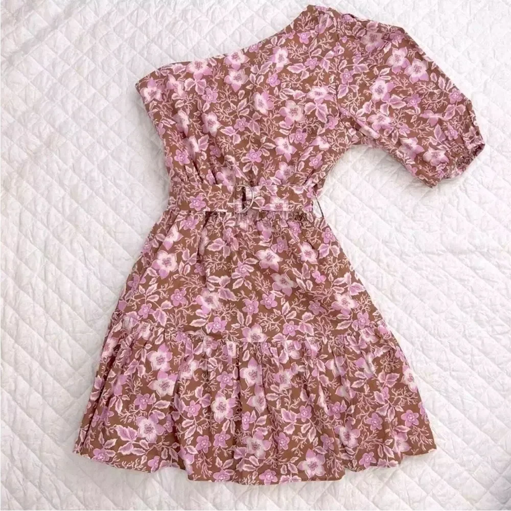 Jason Wu one shoulder lined floral cotton blend belted mini dress. M